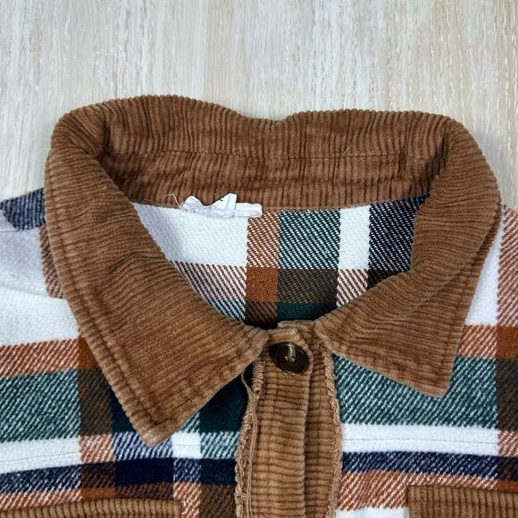 GeeGee Plaid Button Up Camel Combo Flannel Oversized Shirt Jacket Shacket Medium - Picture 3 of 16